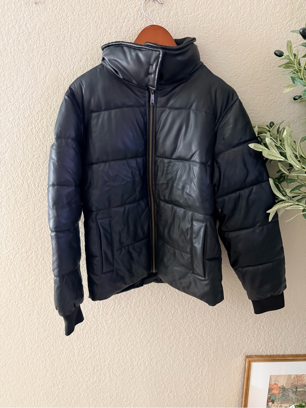 Sam Edelman Black Faux Leather Puffer Jacket High Collar Size Small